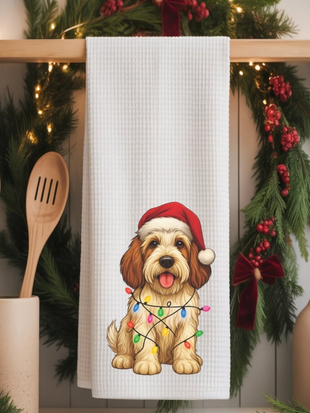 PBGV Dog Christmas Lights Decorative Kitchen Tea Towel